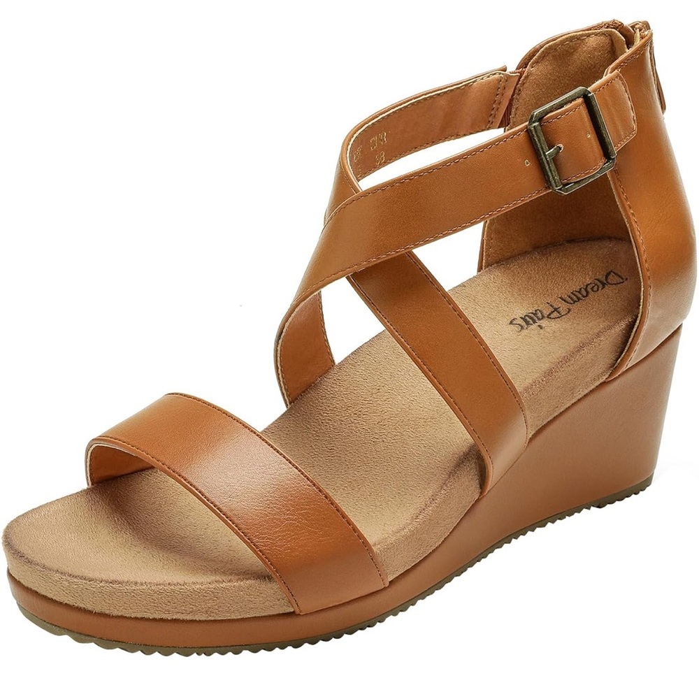 Dream Pairs Tan Wedge Shoes with Crisscross Straps